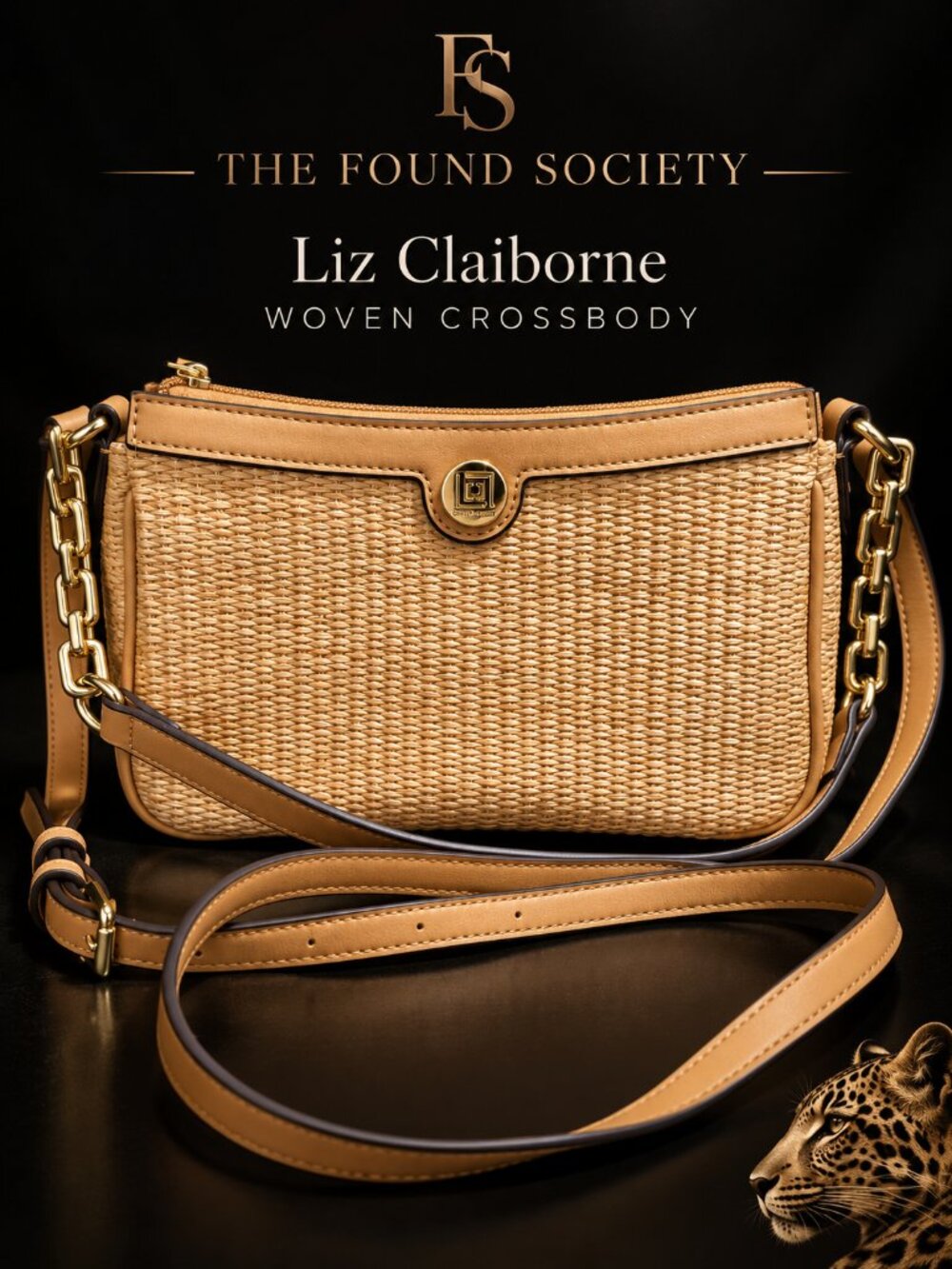 Liz Claiborne Woven Straw Crossbody Bag Tan Gold Chain Coastal Summer